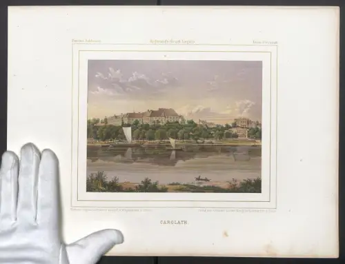 Stahlstich Carolath, Flusspartie mit Segelbooten am Schloss, ausgef. v. Winckelmann u. Söhne, 38 x 28cm