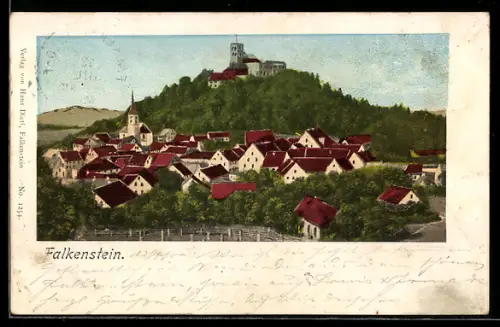 Goldfenster-AK Falkenstein, Ortsansicht mit Burg und Kirche