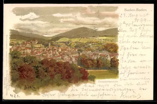Künstler-AK Baden-Baden, Gesamtansicht aus der Vogelschau