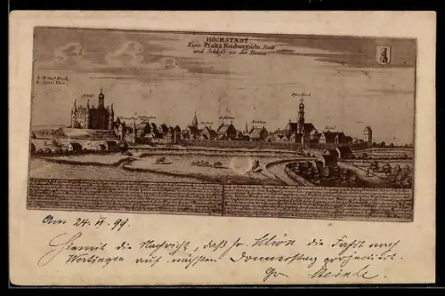 Künstler-AK Höchstädt a. D., Historische Ortsansicht mit Schloss, Wappen