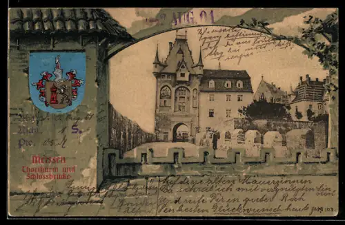 Grusskarten-AK Meissen, Torturm und Schlossbrücke, Wappen, Passepartout