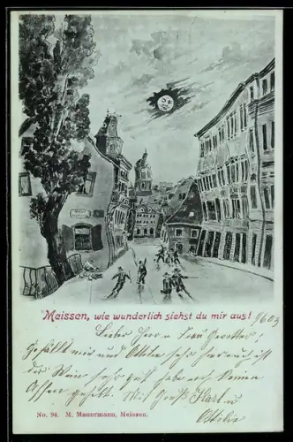 Mondschein-Lithographie Meissen, Strassenpartie aus der Sicht eines Betrunkenen bei Vollmond