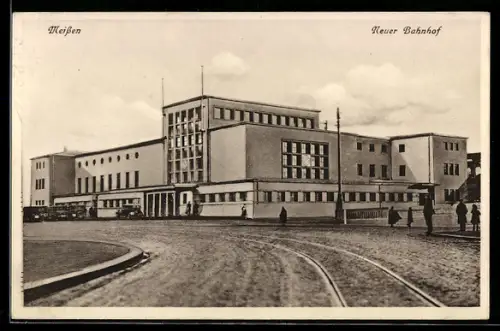 AK Meissen, Neuer Bahnhof mit Strassenpartie