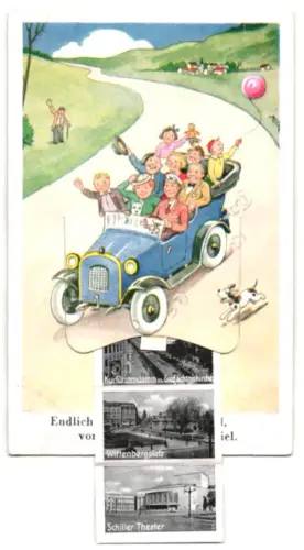 Leporello-AK Berlin, Reichskanzlerplatz, Funkturm, Innsbrucker Platz, Bahnhof Zoo, Reisegesellschaft im Auto