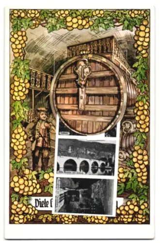 Leporello-AK Heidelberg, Grosses Fass, Teilansicht mit Neckarpartie, Heiliggeistkirche, alte Brücke