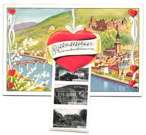 Leporello-AK Heidelberg, Schloss, Partie im Schlosshof, Grosses Fass, Totalansicht vom Königsstuhl aus