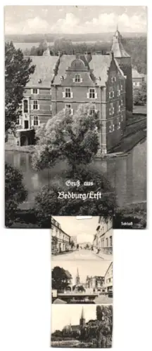 Leporello-AK Bedburg /Erft, Schwimmbad, Ortspartie, Fr. Wilhelm Strasse, Markt und Schloss