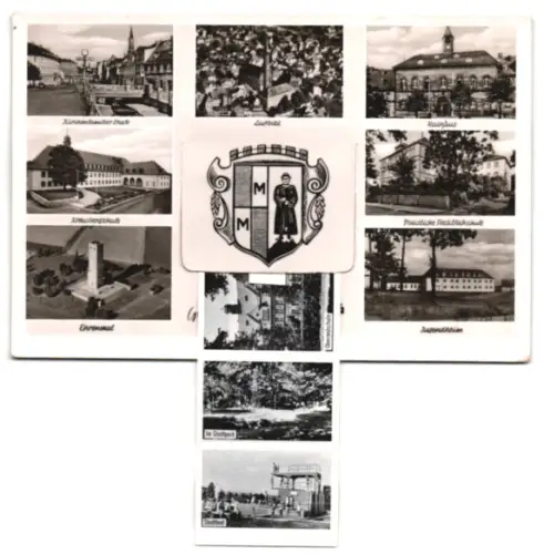 Leporello-AK Münchberg /Oberfranken, Kirchenlamitzer STrasse, TOtalansicht aus der Luft, Rathaus, Jugendheim