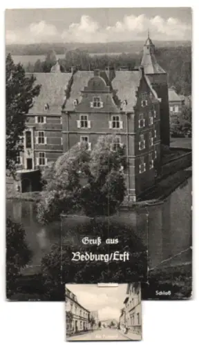Leporello-AK Bedburg /Erft, Schloss, Graf Salm Strasse, Markt und Partie am Postamt