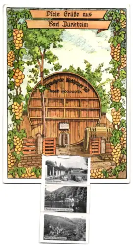 Leporello-AK Bad Dürkheim, Naturweinschänke Dürkheimer Fass, Partie am Gradierwerk und Kurgarten