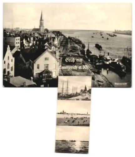 Leporello-AK Emmerich a. Rh., Verschiedene Ortspartien, Blick auf den Rhein, Denkmal, Segelschiffe im Hafen