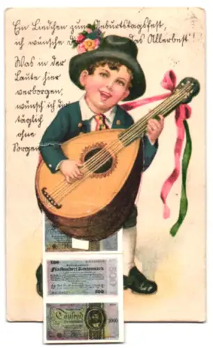Leporello-AK Junge spielt auf einer Mandoline, Reichsbanknoten 10-1000 Mark, Geld