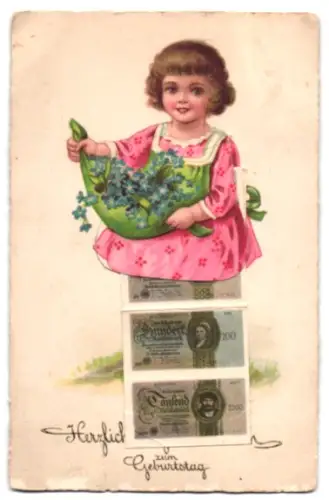 Leporello-AK Mädchen mit Schürze voller Blumen, Reichsbanknoten Rentenmark 5-1000 Mark, Geld