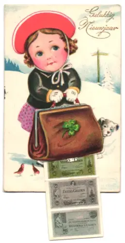 Leporello-AK Mädchen mit Reisetasche und kleinem Hund in Winterlandschaft, Niederländische Geldscheine 10-250 Gulden