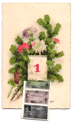 Leporello-AK Kalenderblatt zum 1. Januar, Niederländische Geldscheine 10-250 Gulden