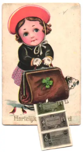 Leporello-AK Mädchen mit Reisetasche und Kleeblatt in Winterlandschaft, Niederländische Geldscheine 10-250 Gulden