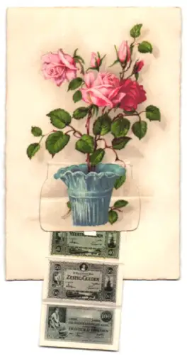 Leporello-AK Blumenvase mit Rosenblüten, Niederländische Geldscheine 10-250 Gulden