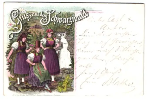 Vorläufer-Lithographie Frauen in Schwarzwälder Tracht, 1894, Landschaft mit Wasserfall, Gruss aus dem Schwarzwald