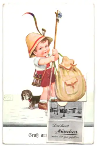 Künstler-Leporello-AK John Wills: München, Junge mit Rucksack, Bavaria, Haus der deutschen Kunst, St. Maximilianskirche