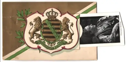 Leporello-AK Wappen von Sachsen, König Friedrich August von Sachsen, Kronprinz Georg und weitere Familienmitglieder