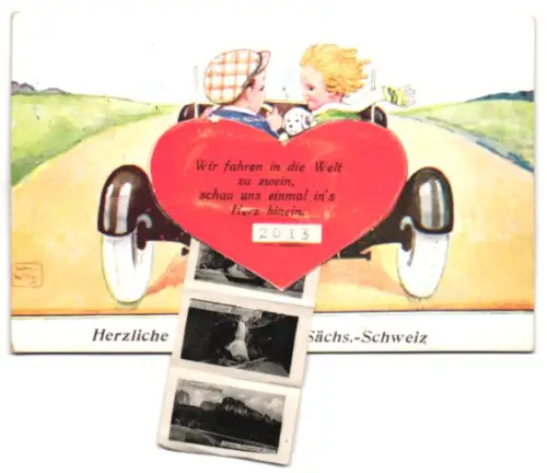 Künstler-Leporello-AK John Wills: Sächs. Schweiz, Kinder unterwegs mit dem Auto, Königstein, Lilienstein, Schrammsteine