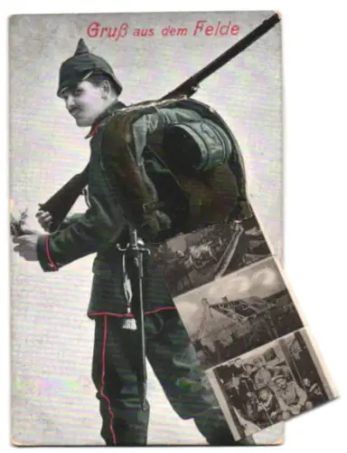 Leporello-AK Soldat mit Gewehr und Tornister, Ansichten Infanteriesoldaten und zerstörte Städte im Tornister