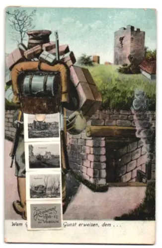 Leporello-AK Soldat mit Paketen und Tornister, Ansichten aus der Umgebung von Verdun 1916-17