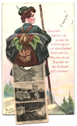 Künstler-Leporello-AK Arthur Thiele: Kassel-Wilhelmshöhe, Frau mit Wanderstock, Ortsansichten im Rucksack