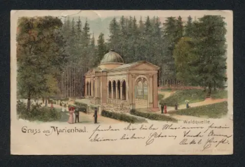 Glitzer-Perl-AK Marienbad, Waldquelle mit Glitzer-Perlen