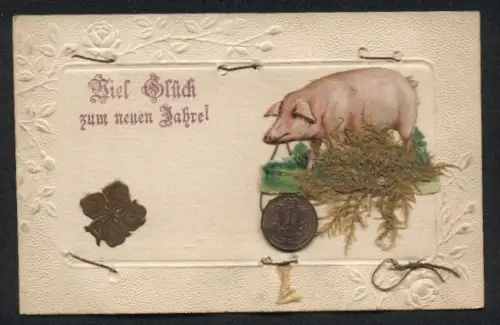 Trockenblumen-AK Schwein, Klee und 1 Pfennig Münze, getrocknetes Gras, Viel Glück im neuen Jahr!