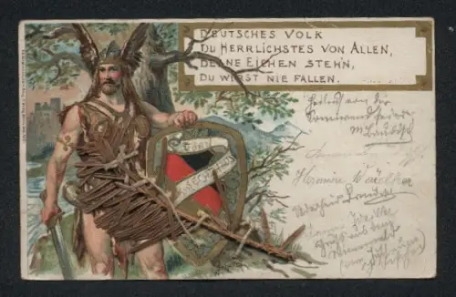 Trockenblumen-AK Germane mit Schild und Flügelhelm, Germanenkult, getrockneter Tannenzweig