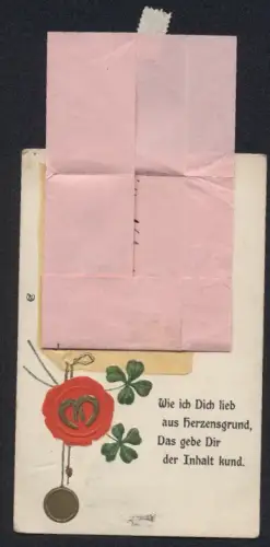 AK Siegel mit Hufeisen und Kleeblatt. Telegrammtext mit Marke, Postgeschichte