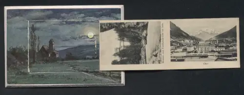 Künstler-Leporello-AK August Splitgerber: Chur, Ortsansicht, Brücke bei Solis, Gruschettatunnel m. Lenzerhorn