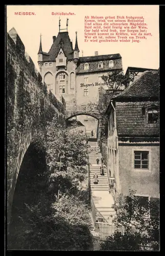AK Meissen, Schlossstufen mit Weingasthaus Wagner