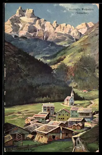 Künstler-AK Rudolf Alfred Höger: Arabba i. Buchenstein, Ortsansicht an der Dolomitenstrasse