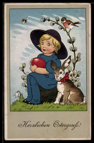 Künstler-AK Fritz Baumgarten: Kind mit Osterhase, Rotkehlchen und Biene, Ostergruss