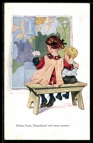 AK Kinder betrachten eine Landkarte, Siehste Franz, Deutschland wird immer grösser! Propaganda 1. Weltkrieg