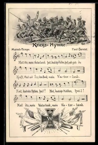 AK Kriegs-Hymne, Gefechtsszene & Eisernes Kreuz 1914