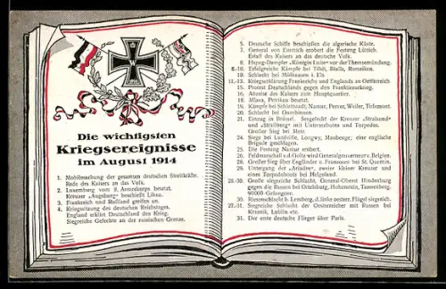 AK Zusammenfassung der Kriegsereignisse aus dem August 1914 mit Eisernem Kreuz