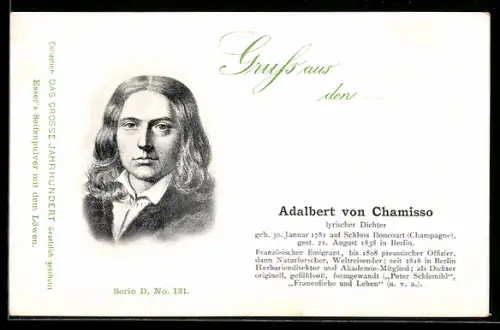 AK Lyrischer Dichter Adalbert von Chamisso, Brustbild, geb. 1781, Vers