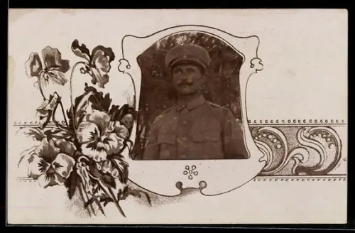 Foto-AK Passepartout, Portrait Soldat in Uniform mit Schirmmütze