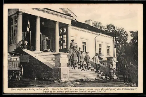 AK Wilna, Dt. Offiziere verlassen ein Feldlazarett in einem Schloss, Pferdegespann