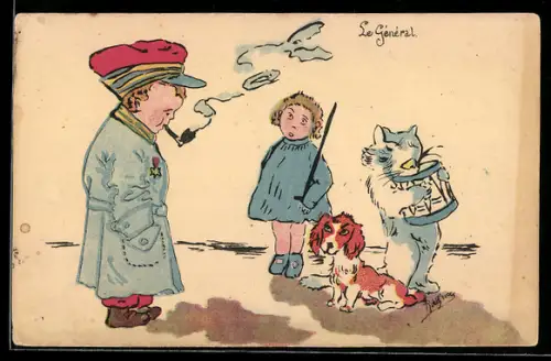 Künstler-AK Kinder Kriegspropaganda, General kommandiert Mädchen, Katze & Hund