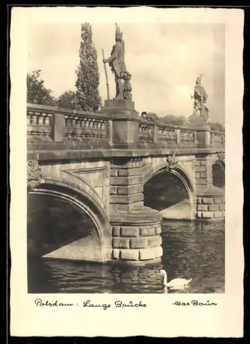 Foto-AK Max Baur: Potsdam, Blick auf die Lange Brücke mit Schwan