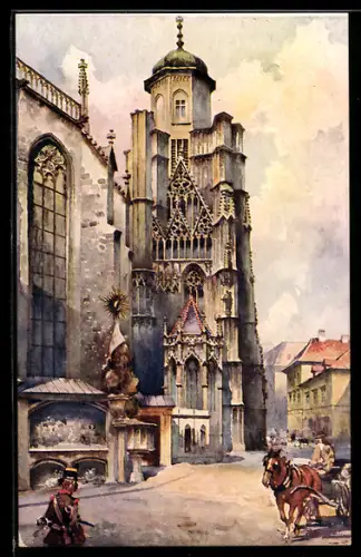 Künstler-AK Wien, Stephanskirche, Turmansicht mit Pferdekutsche