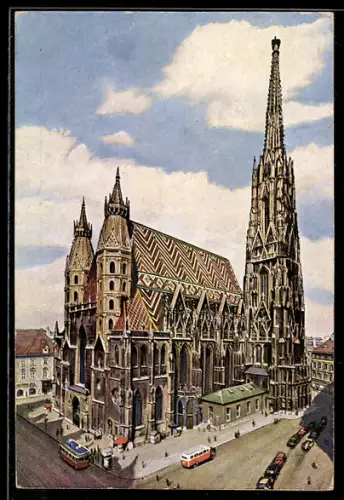 AK Wien, Stephanskirche, Gesamtansicht mit Südturm und buntem Ziegeldach
