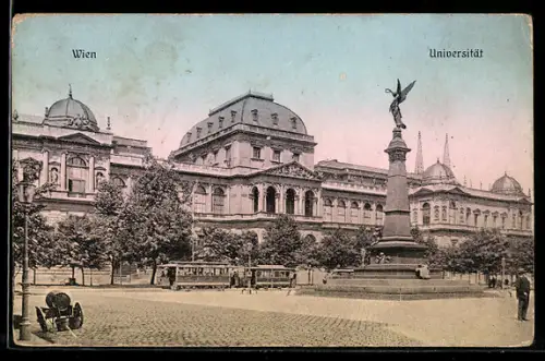 AK Wien, Universität, Platz mit Denkmal und Strassenbahn