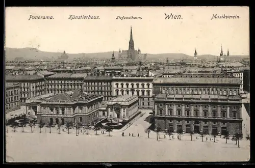 AK Wien, Panorama mit Künstlerhaus, Stephansdom, Musikverein