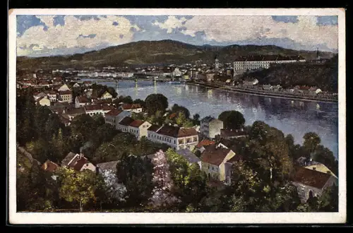 AK Linz a. D., Panorama mit Donau und Brücke