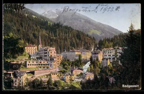 AK Badgastein, Stadtansicht mit Hotelbauten, Kirche und Wasserfall